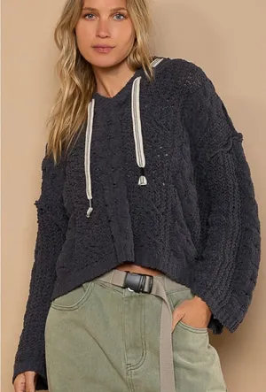 POL Cable Knit Hooded Chenille Sweater L winter boho casual $88 Fp classic fall thumbnail 1