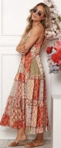Anthropologie ATL The Label Dress Gypsiana ruffle ladies M Pink Boho Patchwork Maxi Rayon thumbnail 1