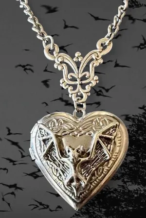 Gothic Vampire Bat Heart Locket Necklace 🩶🦇🖤 Silver thumbnail 1