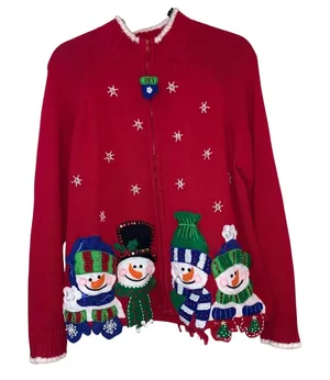 Vintage Ugly Christmas Snowman‎ Sweater Cardigan Tiara International Large Red thumbnail 1