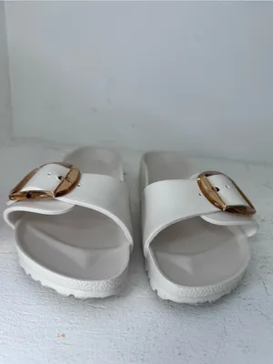 Birkenstock White Slide Sandals with Gold Buckle thumbnail 2