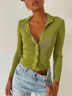 Princess Polly Green Button Up Long Sleeve Top thumbnail 1
