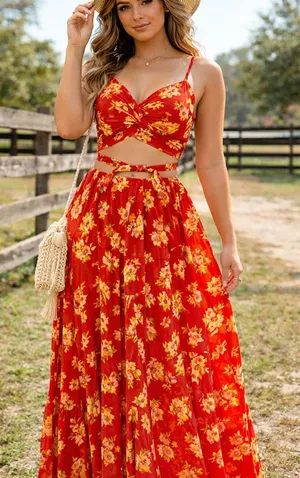Luxxel 2 Piece Maxi Dress Rustic Charm: Red Floral Maxi Dress thumbnail 1