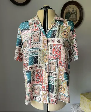 VINTAGE 1990s patchwork pattern button down blouse thumbnail 3