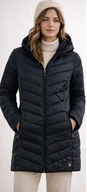 SPYDER Women Boundless Long Puffer Jacket Black Size S‎ ThermaWeb Quilted Hooded thumbnail 1