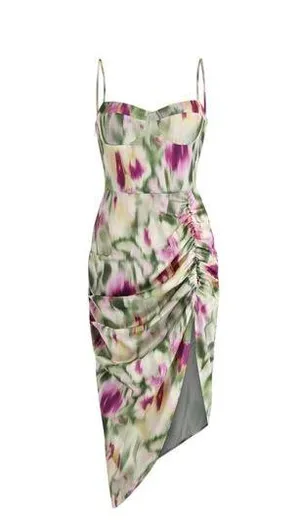 Cider Dress Size Medium Illusion Ruched‎ Midi Satin Floral thumbnail 1