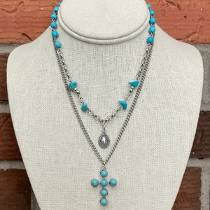 Faux Turquoise Cluster Cross and Spaced Bead Necklace Set thumbnail 1
