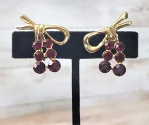 Vintage Clip On Earrings Gold Tone with Red Gems Statement Earrings thumbnail 1