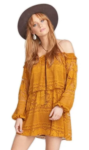 NWT Show Me Your Mumu Bess Lace Off Shoulder Boho Flowy Dress Mustard Yellow Med thumbnail 1
