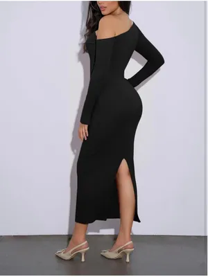 NEW 1 Shoulder Long Sleeve Ribbed Dress Back Slit Bodycon S thumbnail 2