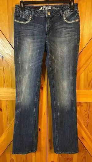 Rock 47 by Wrangler Low Rise Bootcut Dark Wash Jeans Distressed Size 32 READ (88 thumbnail 1