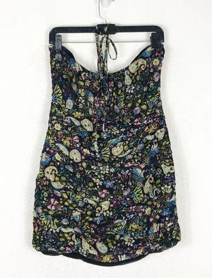 ZARA Floral Mini Dress Large Ruched Bodycon Halter Sweetheart Paisley Print thumbnail 13