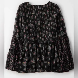 American Eagle Dark Floral Smocked Bell Sleeve Top Whimsigoth Fairy 70s Blouse M thumbnail 3
