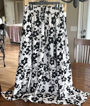 Maxi Skirt Cream Black Floral High Waist Flowy thumbnail 1