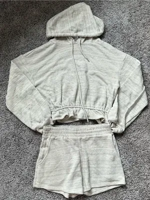 painted threads Cream Cropped Hoodie and Shorts Set thumbnail 1