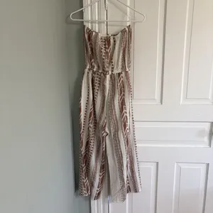 ELAN‎ Small Tan Beige Striped Linen Strapless Wide Leg Cropped Jumpsuit Lounge thumbnail 3