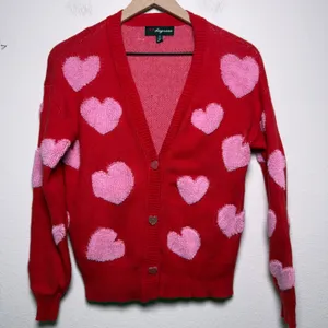 33 Degrees Women Novelty Cardigan Sweater XS Pink Hearts V-Neck Oversized Casual thumbnail 1