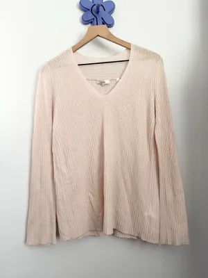 Vince‎ Medium V-neck ribbed wool cashmere blend sweater cream beige sheer thumbnail 2