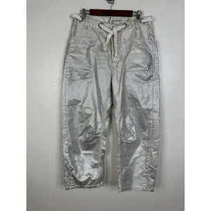 Free People We The Free Good Luck Mid-Rise Barrel Jeans Metallic Silver Foil 29 thumbnail 3