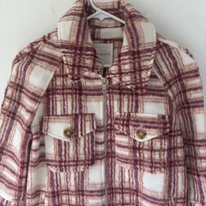 Avec Les Filles Plaid Zip Up Jacket Fleece White Pink Orange Shacket Cropped thumbnail 3