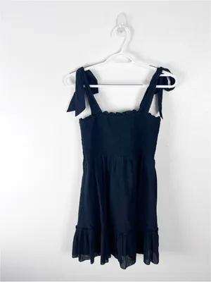 AERIE Black Smocked Bodice Tie Shoulder Straps Ruffle Trim Dress Size XS Casual thumbnail 2