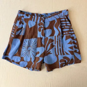Paper Heart Abstract Floral Linen Blend High Rise Shorts Womens M Brown Blue thumbnail 7