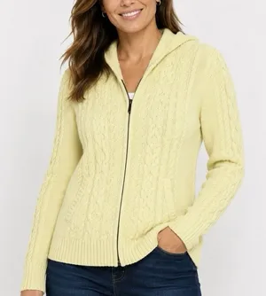 LL Bean Yellow Double L Mixed Cable Full Zip Hoodie Pockets Cotton Sweater SMALL thumbnail 1