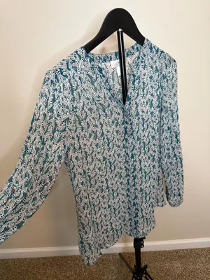 Ann Taylor LOFT Women's Teal Leaf Print Long Sleeve Blouse‎ size S thumbnail 5