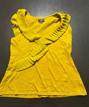 Deletta Anthropologie Mustard Yellow Pleated Ruffle Neck Knit Top Small Citron‎ thumbnail 1