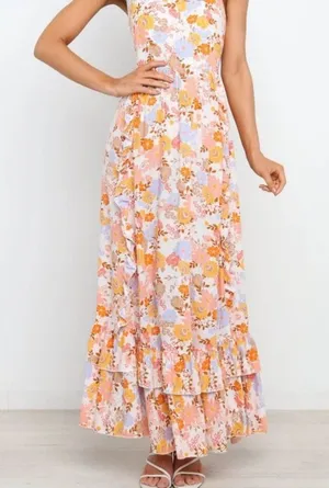 Anthropologie Abel the Label Orange Pink Floral Maxi Sun Dress thumbnail 1