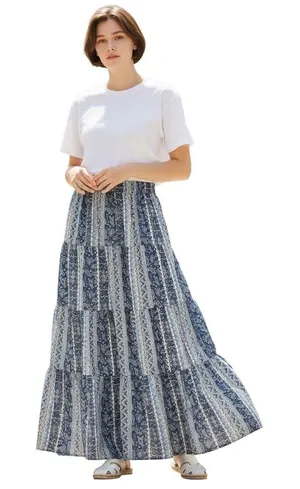 Boho Paisley Patchwork Maxi Skirt Tiered Elastic Waist Floral Blue Womens Size M thumbnail 1