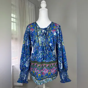 Royal Blue Multicolored Floral Print Double Tie Neck Bishop Sleeve Blouse thumbnail 2