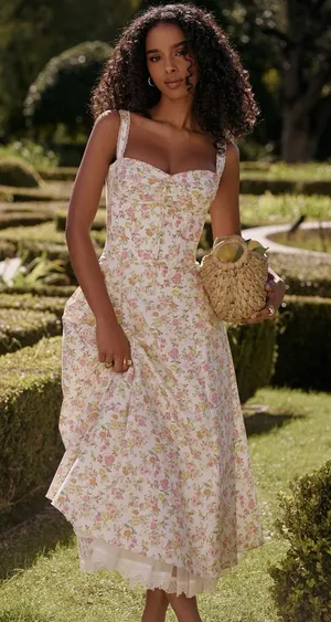 House of CB Rosalee Ivory Meadow Print Cotton Bustier Sundress XS thumbnail 1