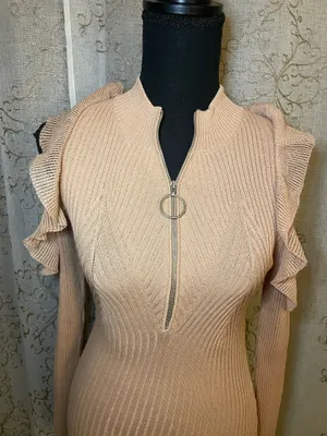 Self-Portrait Blush Knit Cold Shoulder Mini Dress Ruffle Sleeve Bodycon Medium thumbnail 3