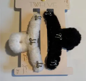 Bow nwt Faux Fur hair claw Clips - Black & White Set thumbnail 1