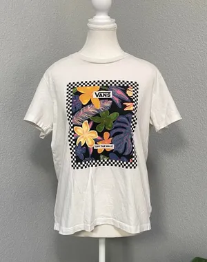 Vans White Tee Floral Leaf Checkered Graphic Print Short Sleeve Shirt thumbnail 1
