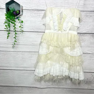 BCBGMAXAZRIA Owen Feather-Trim Ruffled Strapless Dress Size Small Cream White thumbnail 4