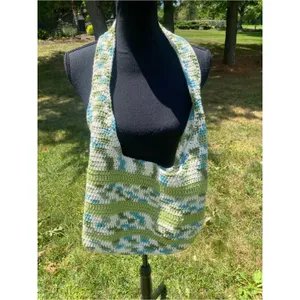 Hand-Crocheted Shoulder Bag Green Blue Cream Sling Purse Boho Hobo Market thumbnail 6