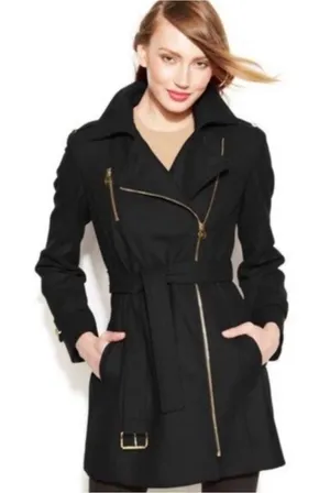 Michael Kors Black Asymmetrical Zip Trench Coat with Belt thumbnail 1