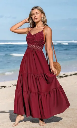 NWT Cupshe Burgundy Crimson V-Neck Lace Bodice Sleeveless Maxi Dress - Medium thumbnail 1
