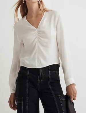 Madewell Brushed Ruched-Front Long Sleeve V Neck Top in Lighthouse Sz 0‎ NEW thumbnail 1