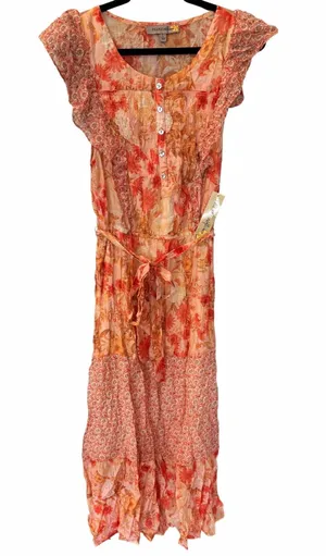 Figueroa & Flower NWT Pink Floral Chiffon Boho Cottage Maxi Dress Waist Tie Sz L thumbnail 1