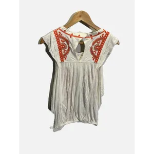 Free People Embroidered Blouse Womens XS White‎ Orange Boho Gauze Bubble Hem Top thumbnail 5