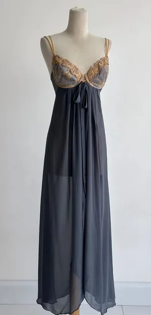 Vintage Victoria’s Secret Regal Blue Luxury Lace Chiffon Slip Gown Lingerie XL thumbnail 1