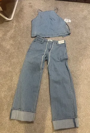 Abercrombie & Fitch Blue Pinstripe ultra loose jeans and matching tie top set thumbnail 1