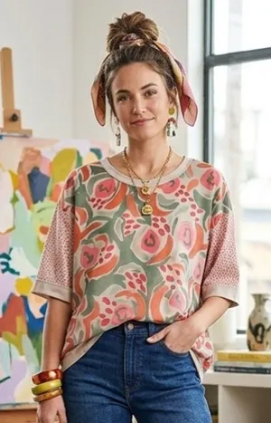 Abstract Painterly Floral Top Mixed Media Dotted Sleeve Maximalist XL Teacher thumbnail 1