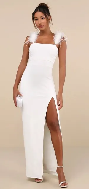 Lulus Dramatic Promise White Feather Strap Ruched Column Maxi Dress Classy XS thumbnail 1