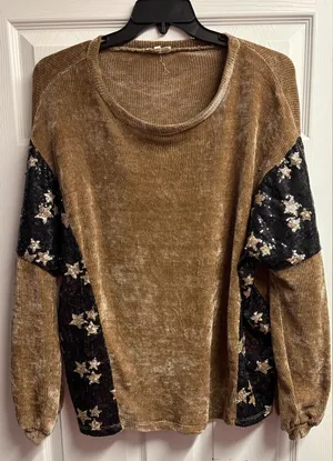 Main Strip Boutique Brand Oversized Brown/Black Sequin W/ Stars Top Size Large thumbnail 1