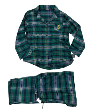 Lauren Ralph Lauren Womens Green Plaid Pajama Set Gold Crest Sleepwear Large thumbnail 1