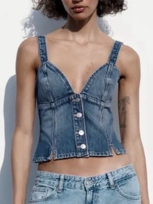 Zara Denim Corset Top Sz Small thumbnail 1